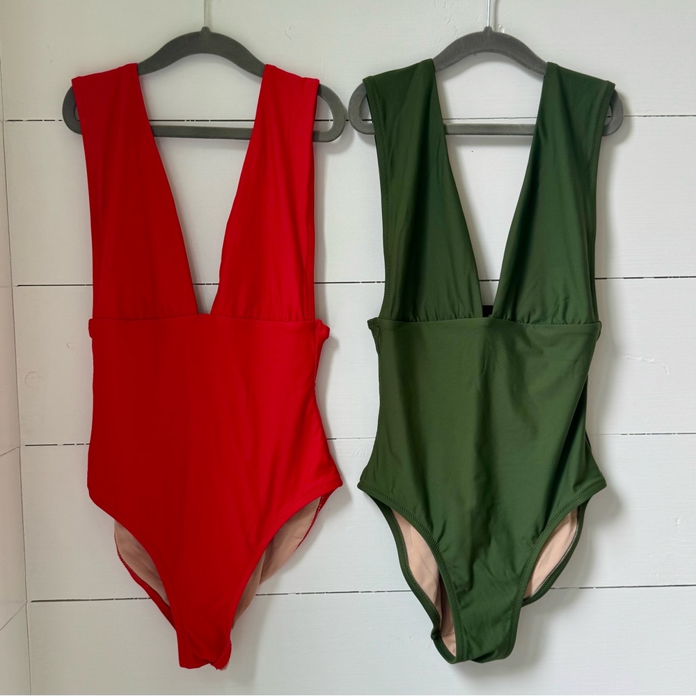 J. Crew (Lot of 2) Red and Green Deep V neck Plunge Swimsuits, Size 0